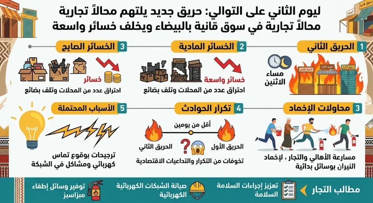 لليوم الثاني على التوالي.. حريق جديد يلتهم محالاً...
