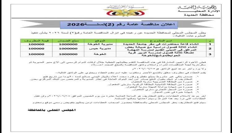 الحديدة تعلن مناقصة عامة لتشييد ثلاثة مشاريع تعليم...