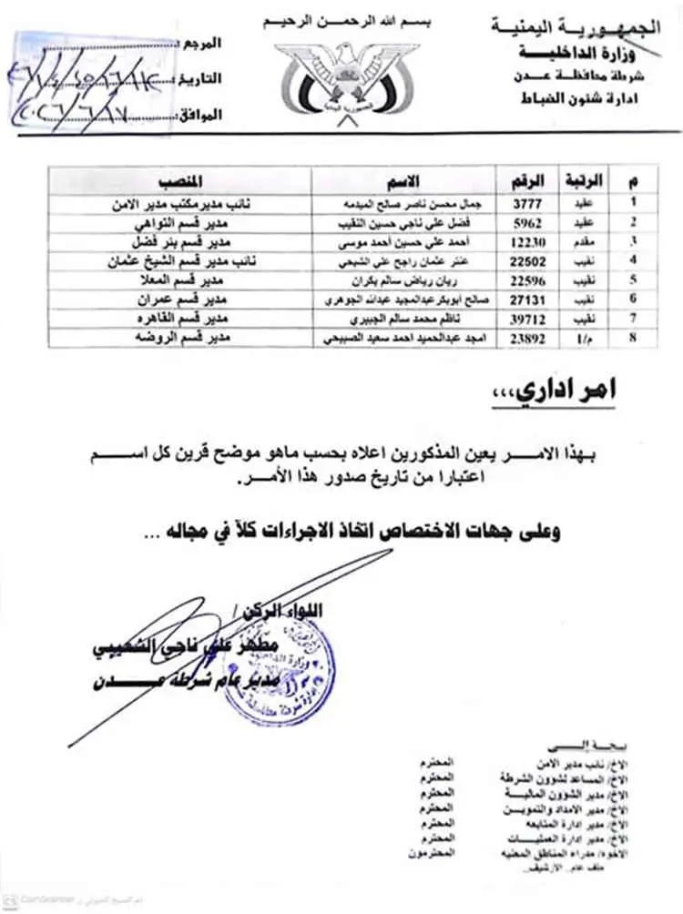 عاجل : مدير أمن عدن يصدر قرارات جديدة لتعيين مدراء...