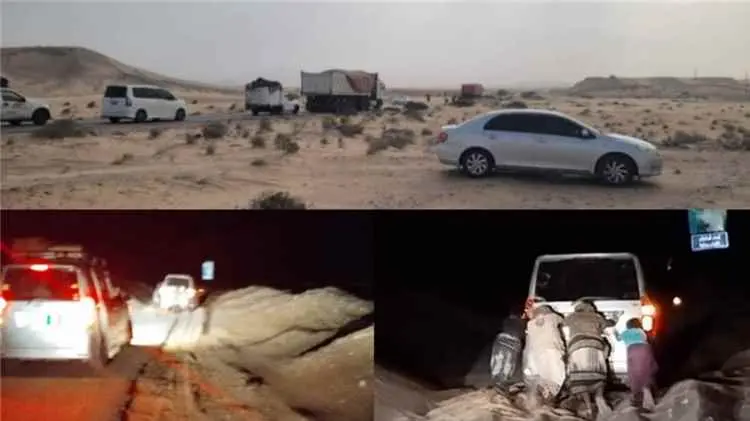 الرمال المتحركة تقطع خط شبوة - المكلا في مديرية رض...