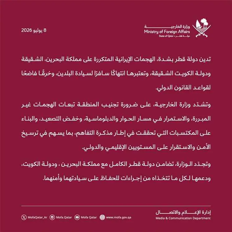 قطر تدين الهجمات الإيرانية المتكررة على البحرين والكويت