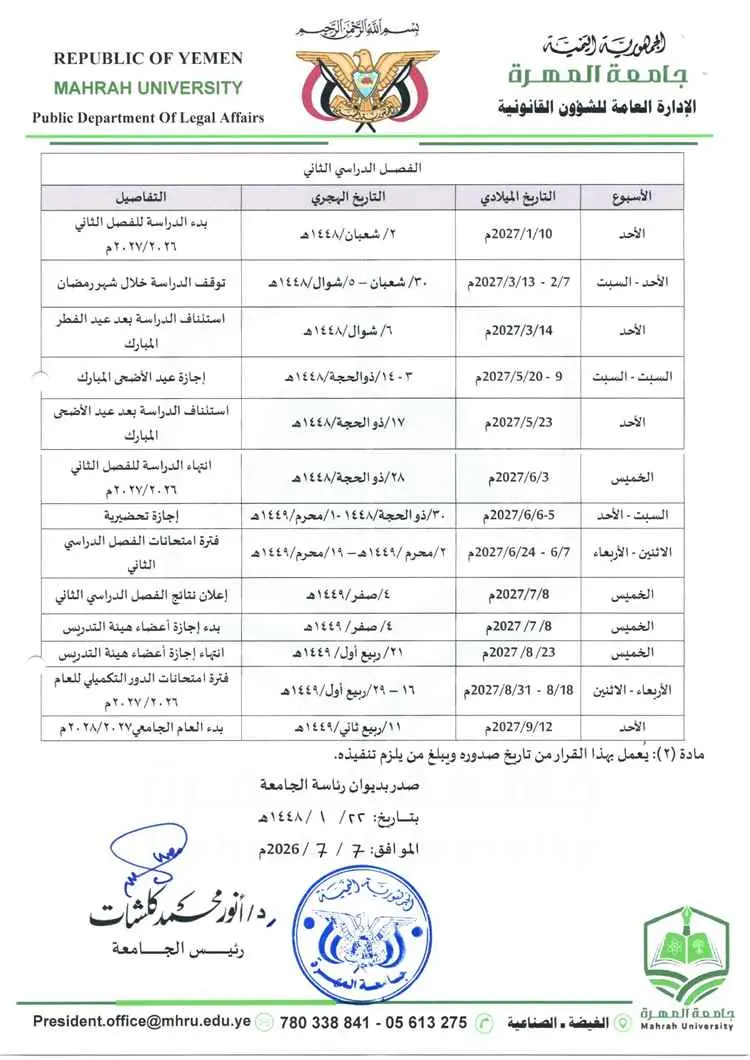 جامعة المهرة تعلن عن التقويم الجامعي للعام الجامعي...