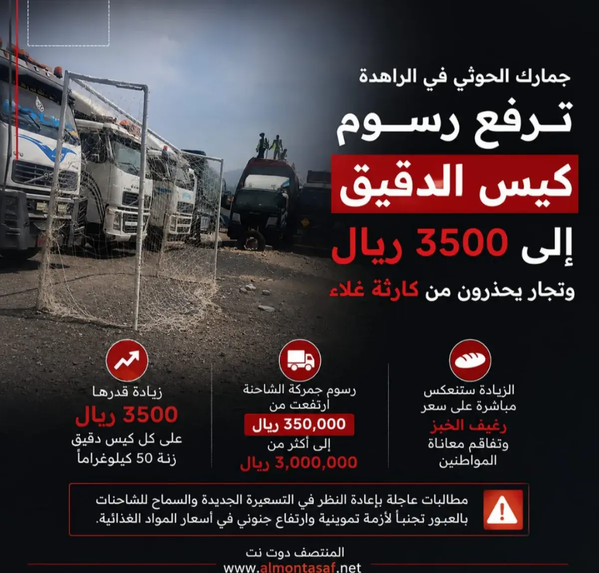 جمارك الحوثي في الراهدة ترفع رسوم كيس الدقيق إلى 3...