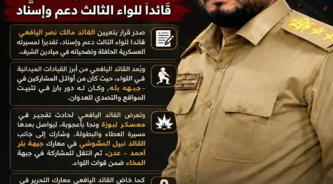 من هو العقيد مالك نصر ناصر اليافعي.. المعين قائداً للواء الثالث دعم وإسناد
