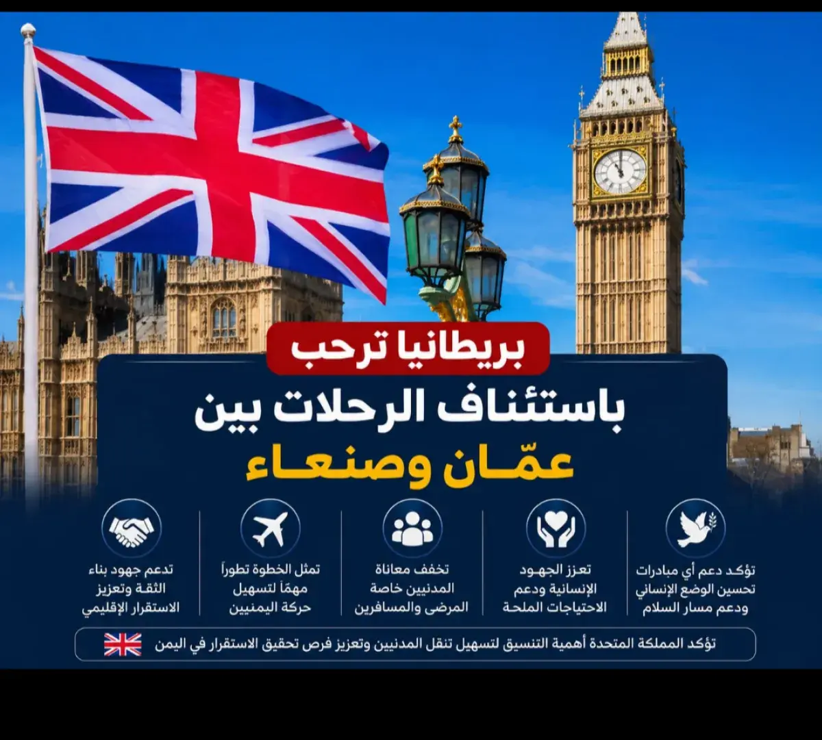 بريطانيا ترحب باستئناف الرحلات بين عمّان وصنعاء