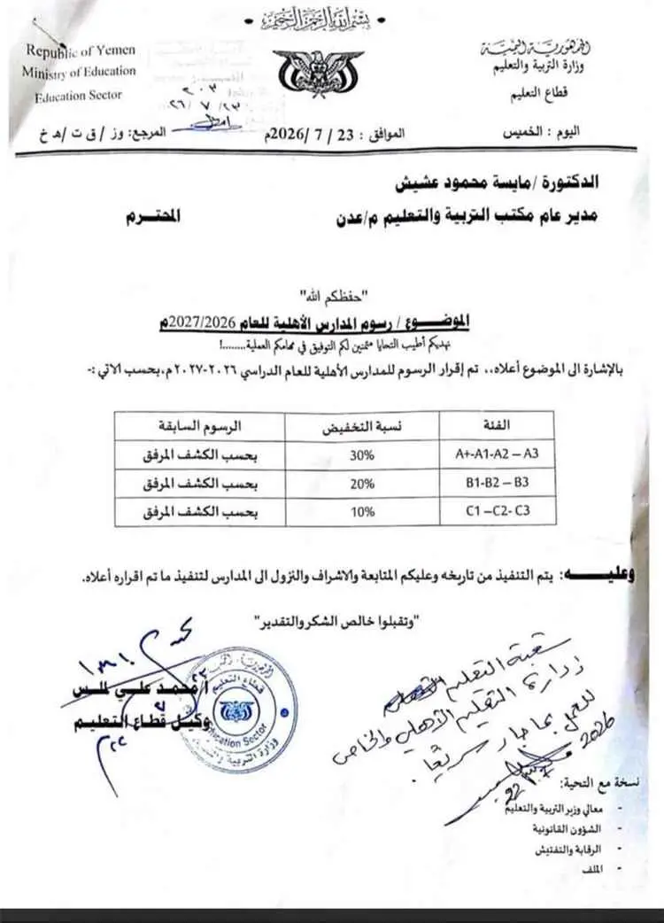 وزارة التربية تقر تخفيض رسوم المدارس الأهلية للعام الدراسي 2026-2027 بنسب تصل إلى 30%