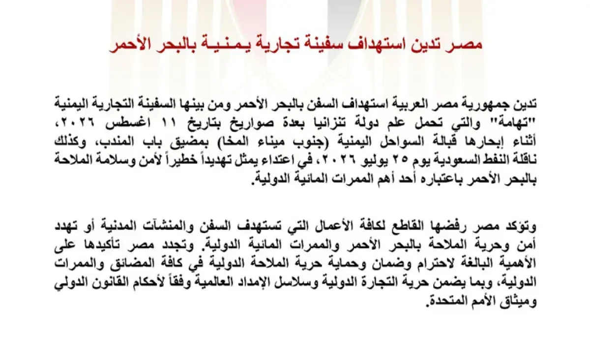 مصر تدين استهداف السفن التجارية بالبحر الأحمر وتحذر من تهديد الملاحة الدولية