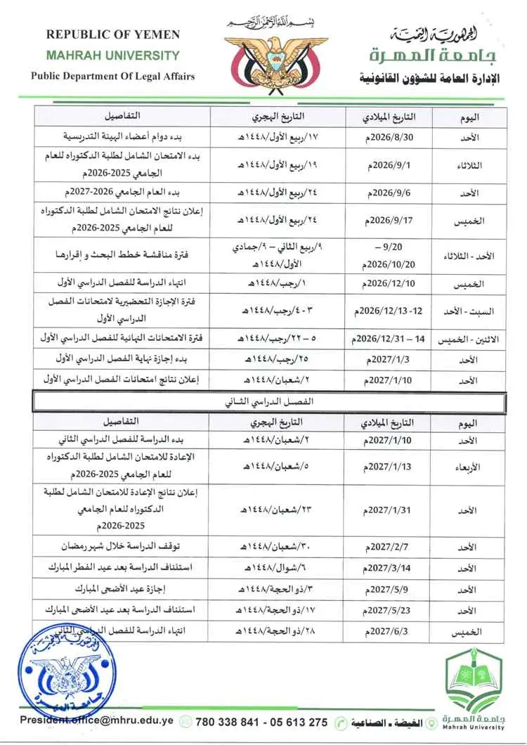 جامعة المهرة تعلن عن التقويم الجامعي لبرامج الدراس...