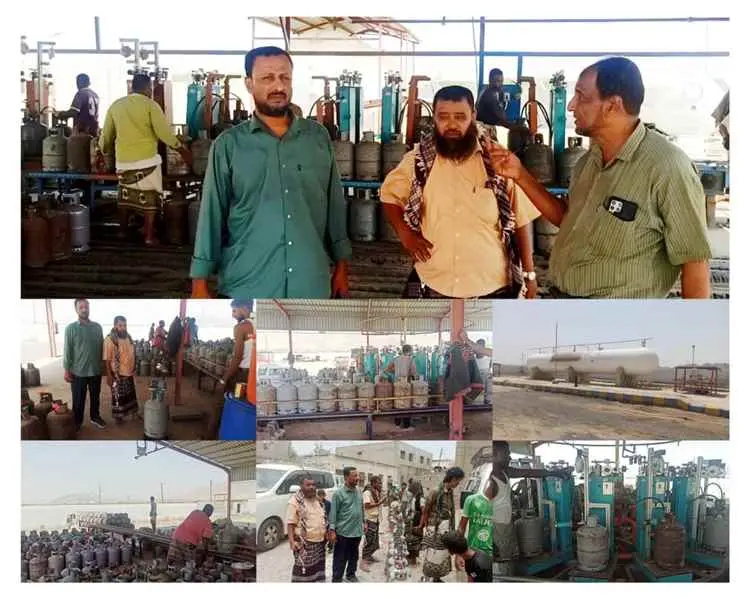 مندوب شركة الغاز بأبين والصناعة والتجارة بخنفر يشرفان على توزيع الغاز المنزلي بالمحطات والوكلاء