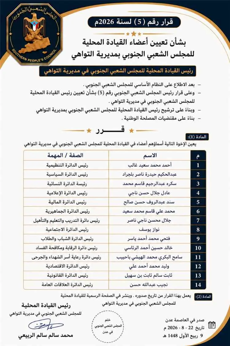 المجلس الشعبي الجنوبي يصدر قراراً بتشكيل القيادة ا...