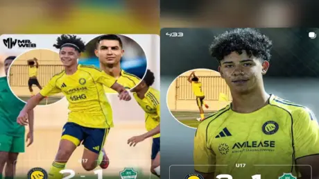 رونالدو يتفاعل مع هدفي نجله في مباراة النصر والأهل...
