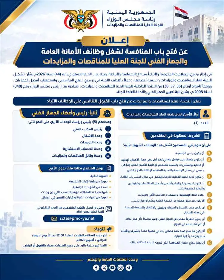 اللجنة العليا للمناقصات والمزايدات تفتح باب المنافسة لشغل وظائف الأمانة العامة والجهاز الفني