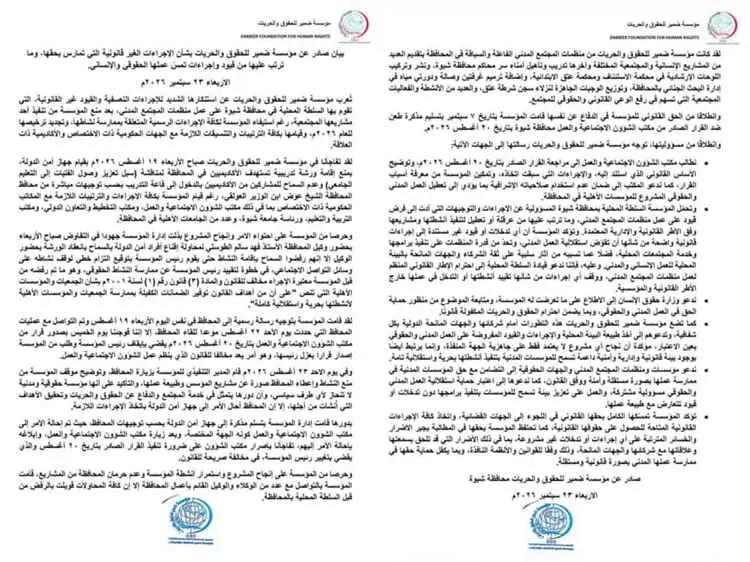 مؤسسة ضمير للحقوق والحريات تدين الإجراءات التعسفية وتؤكد تمسكها بالعمل المدني المستقل