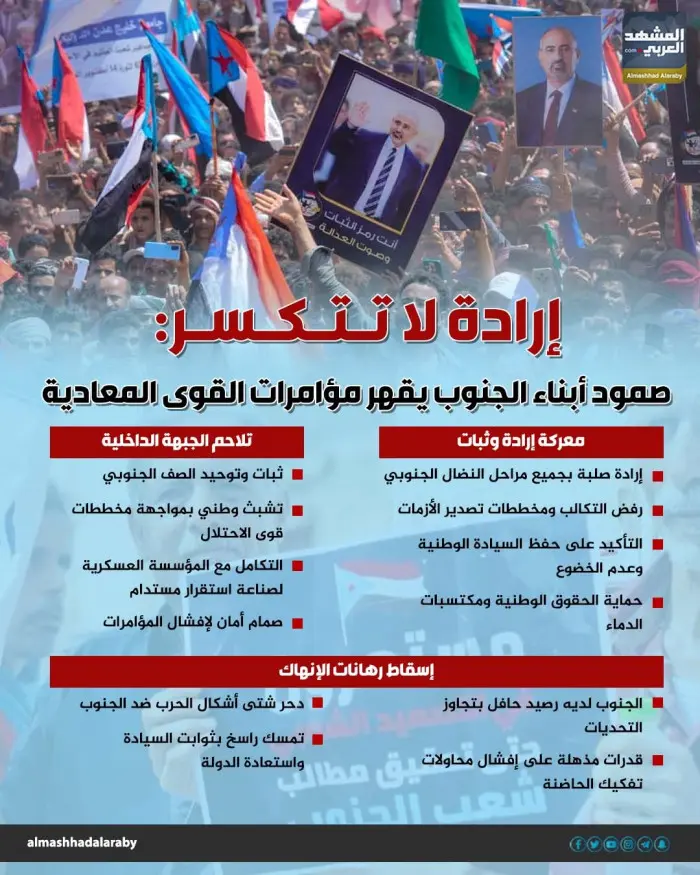 إرادة لا تتكسر.. صمود أبناء الجنوب يقهر مؤامرات القوى المعادية (إنفوجراف)