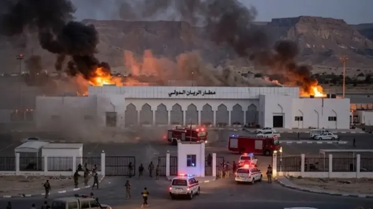 مسيرات حوثية تستهدف مطار الريان في المكلا شرق اليم...
