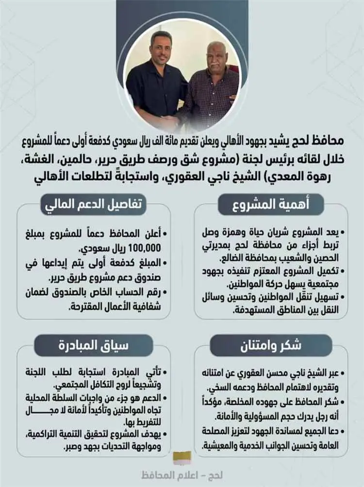 محافظ لحج يدعم مشروع طريق حرير – حالمين – الغشة –...